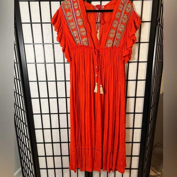 green emerald velvet dress free people heat wave embroidered open back midi tunic dress terracotta –  Shop Hearts main image 1